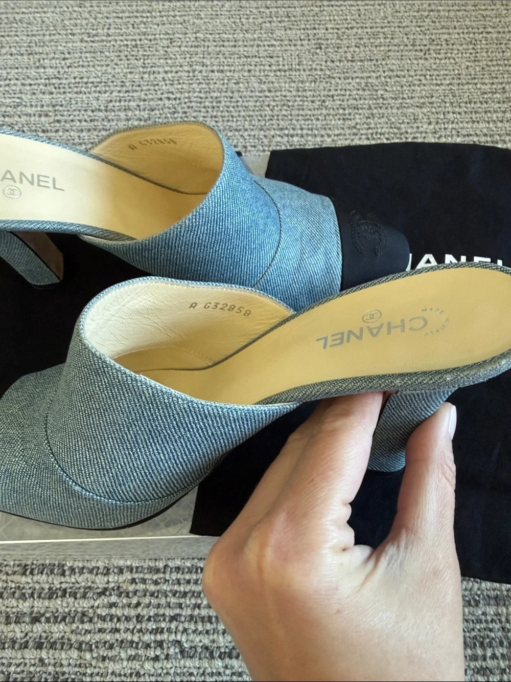 CHANEL Denim Blue and Black Cap-Toe Slip-On Mules